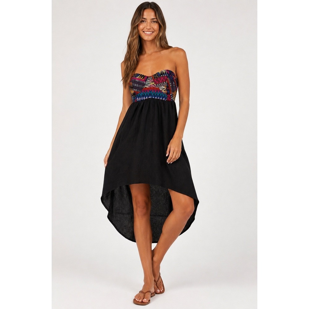 Billabong Womens Small Strapless High Low Dress Boho Tribal Print Black S